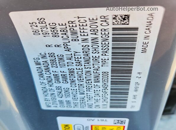 2HGFE4F84SH353308 2025 HONDA CIVIC Gray Vista de la etiqueta del VIN