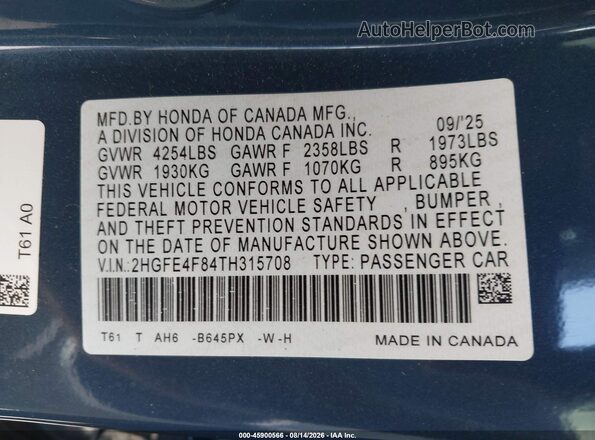 2HGFE4F84TH315708 2026 HONDA CIVIC Синий Вид подкапотного пространства