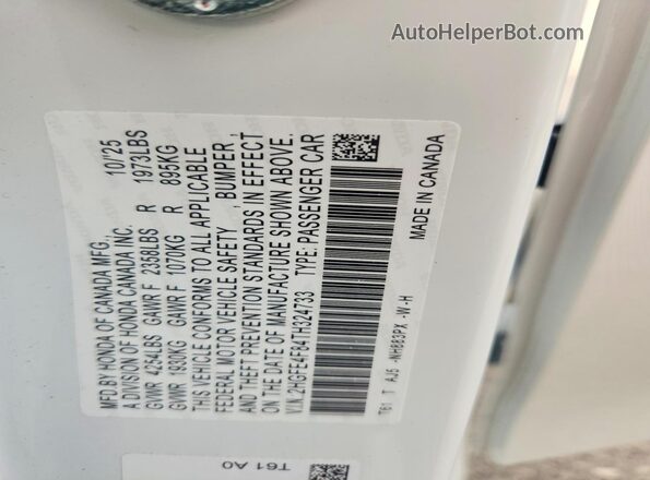 2HGFE4F84TH324733 2026 HONDA CIVIC White Շարժիչի բաժամունքի տեսք