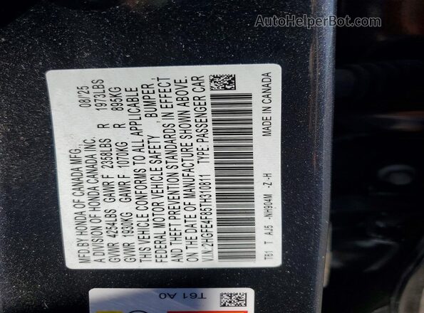 2HGFE4F85TH310811 2026 HONDA CIVIC Gray ძრავის განყოფილების ხედი