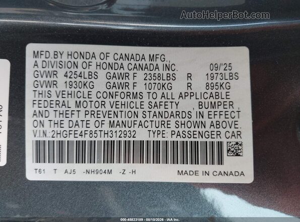 2HGFE4F85TH312932 2026 HONDA CIVIC Gray Вид підкапотного простору