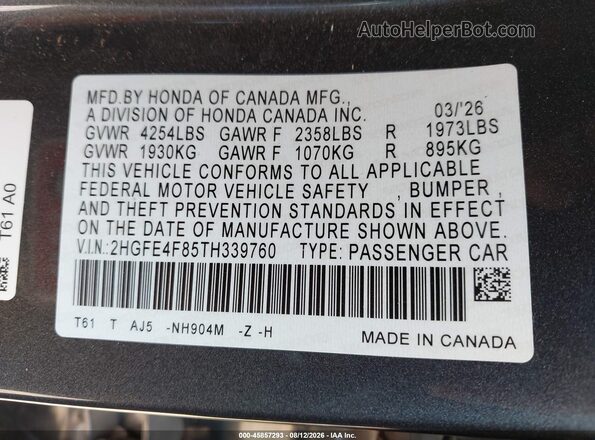 2HGFE4F85TH339760 2026 HONDA CIVIC Gray Engine compartment view