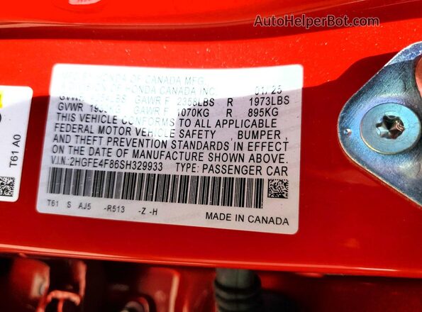 2HGFE4F86SH329933 2025 HONDA CIVIC Red Вид наклейки з VIN-кодом