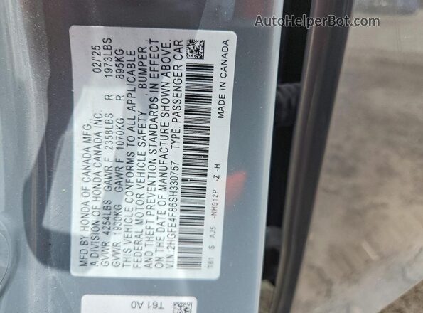 2HGFE4F86SH330757 2025 HONDA CIVIC Gray Вид підкапотного простору