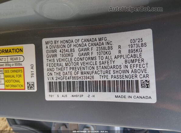 2HGFE4F86SH339426 2025 HONDA CIVIC Серый Вид подкапотного пространства