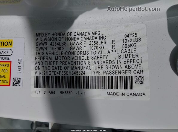 2HGFE4F86SH345324 2025 HONDA CIVIC White Widok komory silnika