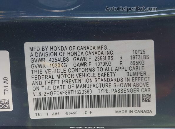 2HGFE4F86TH323390 2026 HONDA CIVIC Blue Շարժիչի բաժամունքի տեսք