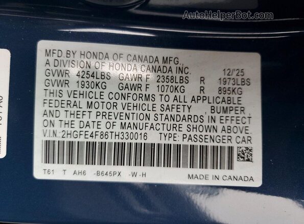 2HGFE4F86TH330016 2026 HONDA CIVIC Синий Вид подкапотного пространства