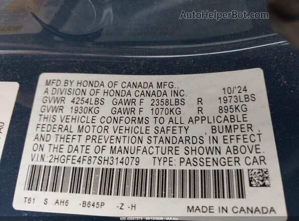 2HGFE4F87SH314079 2025 HONDA CIVIC Blue Vista del compartimento del motor