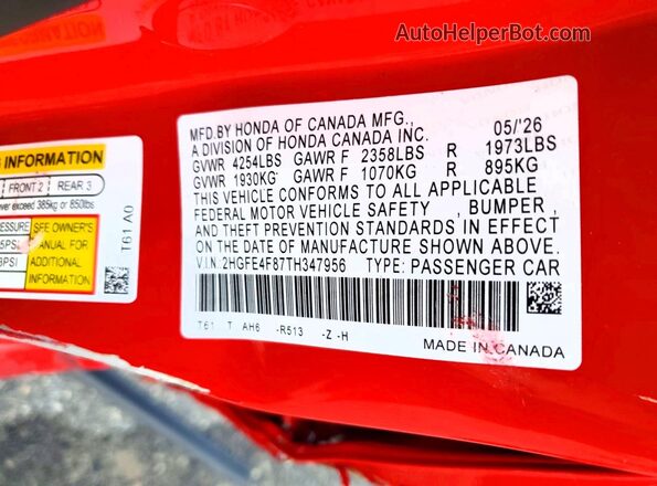 2HGFE4F87TH347956 2026 HONDA CIVIC Красный Вид наклейки с VIN-кодом