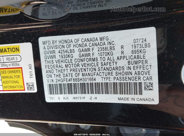 2HGFE4F88SH301664 2025 HONDA CIVIC Black Շարժիչի բաժամունքի տեսք