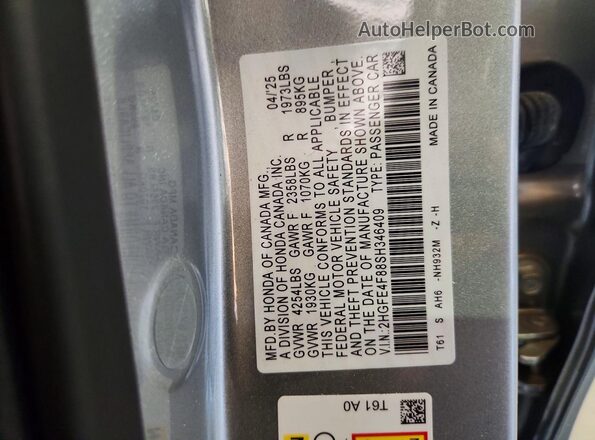 2HGFE4F88SH346409 2025 HONDA CIVIC Gray Engine compartment view