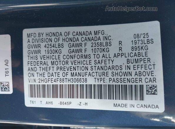 2HGFE4F88TH306638 2026 HONDA CIVIC Синий Вид подкапотного пространства