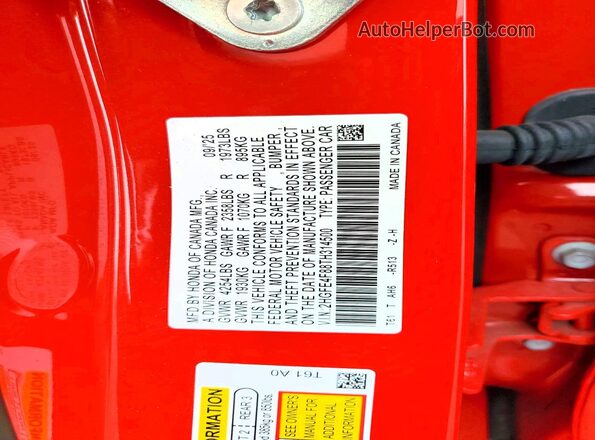 2HGFE4F88TH314500 2026 HONDA CIVIC Red VIN კოდის სტიკერის ხედი