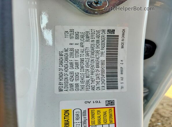 2HGFE4F89SH318652 2025 HONDA CIVIC White VIN კოდის სტიკერის ხედი