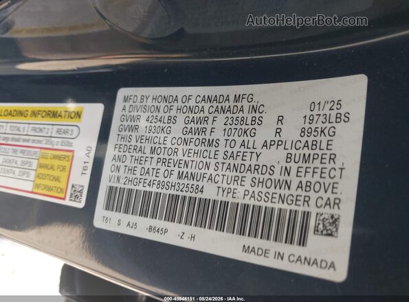 2HGFE4F89SH325584 2025 HONDA CIVIC Blue Engine compartment view