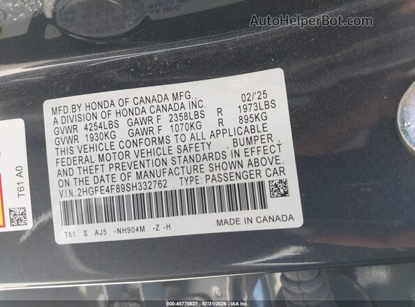 2HGFE4F89SH332762 2025 HONDA CIVIC Black Widok komory silnika