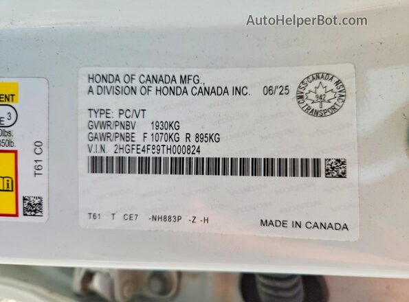2HGFE4F89TH000824 2026 HONDA CIVIC White VIN კოდის სტიკერის ხედი
