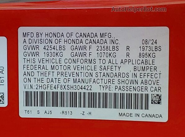2HGFE4F8XSH304422 2025 HONDA CIVIC Red VIN კოდის სტიკერის ხედი