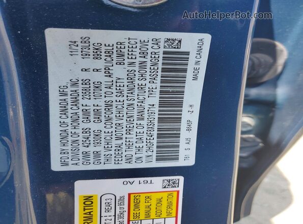 2HGFE4F8XSH319714 2025 HONDA CIVIC Blue Vista de la etiqueta del VIN