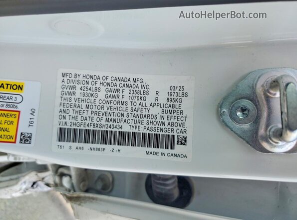 2HGFE4F8XSH340434 2025 HONDA CIVIC White Вид підкапотного простору