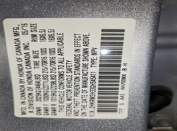 2HKRM3H33GH545411 2016 HONDA CR-V Silver Vista de la etiqueta del VIN