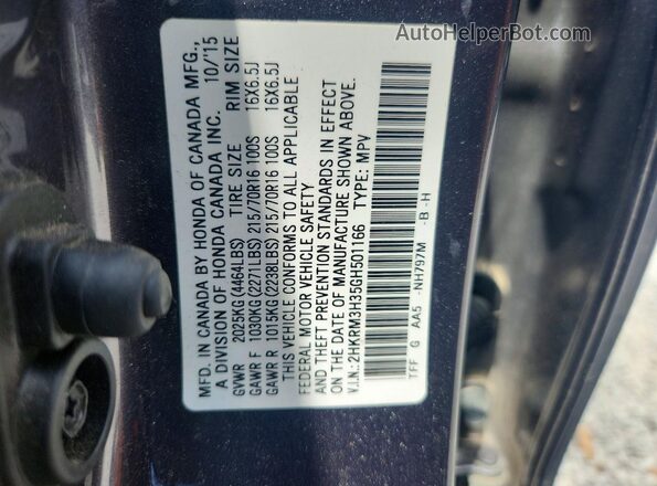 2HKRM3H35GH501166 2016 HONDA CR-V Gray Вид наклейки з VIN-кодом