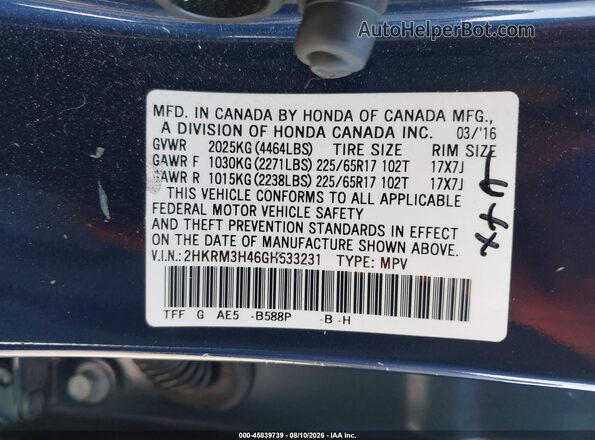 2HKRM3H46GH533231 2016 HONDA CR-V Blue Widok komory silnika