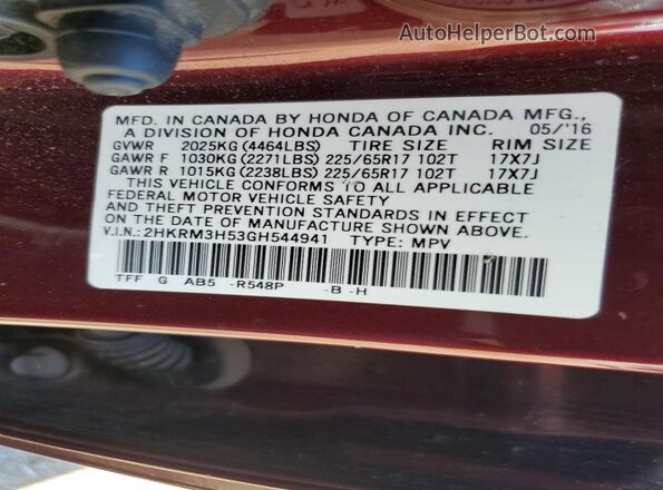2HKRM3H53GH544941 2016 HONDA CR-V Burgundy Vista del compartimento del motor