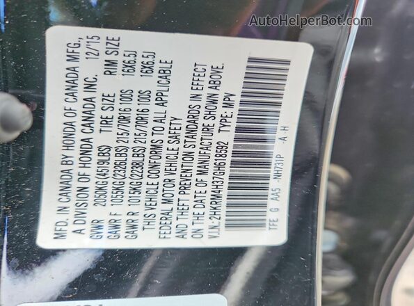 2HKRM4H37GH618592 2016 HONDA CR-V Black VIN sticker view