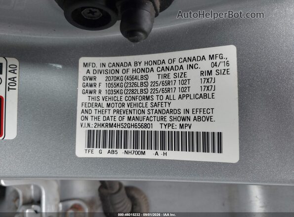 2HKRM4H52GH656801 2016 HONDA CR-V Silver ძრავის განყოფილების ხედი