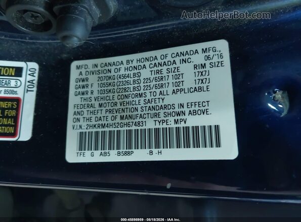 2HKRM4H52GH674831 2016 HONDA CR-V Blue Հետևի նստատեղերի տեսք