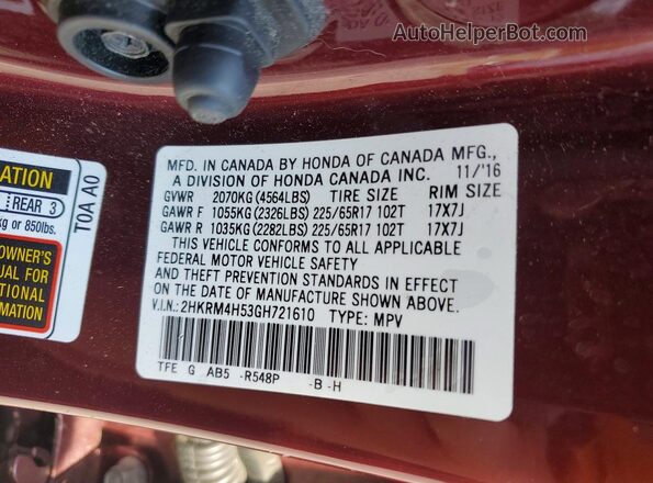 2HKRM4H53GH721610 2016 HONDA CR-V Maroon Vista interior de 360 grados