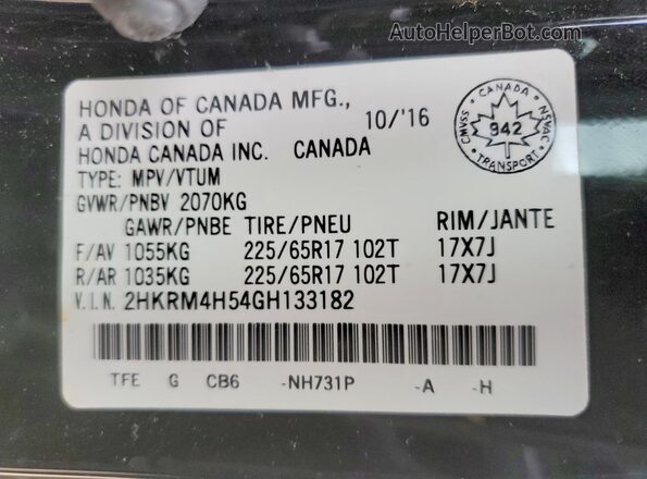 2HKRM4H54GH133182 2016 HONDA CR-V Black VIN կոդի պիտակի տեսք