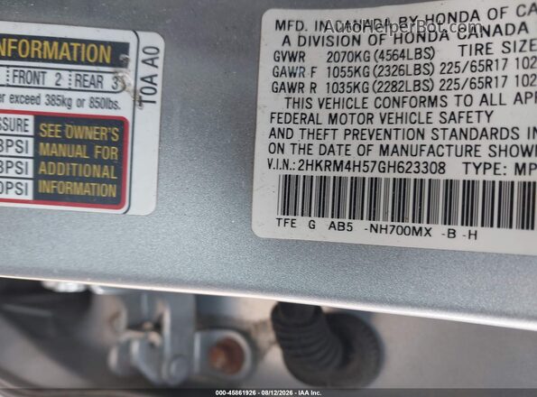 2HKRM4H57GH623308 2016 HONDA CR-V Silver Engine compartment view