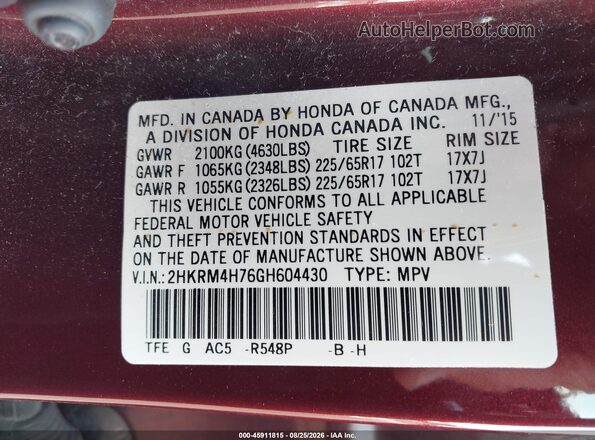 2HKRM4H76GH604430 2016 HONDA CR-V Burgundy Շարժիչի բաժամունքի տեսք