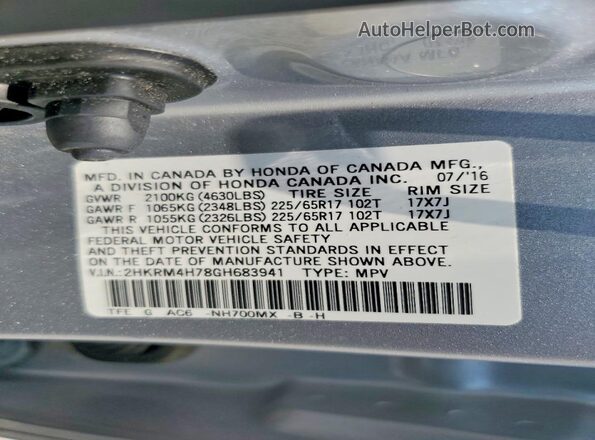 2HKRM4H78GH683941 2016 HONDA CR-V Silver Widok naklejki z numerem VIN