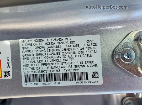 2HKRS3H78TH301563 2026 HONDA CR-V Gray Widok naklejki z numerem VIN