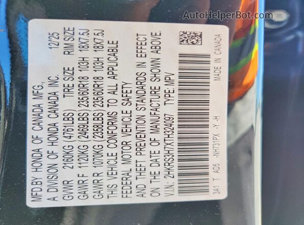 2HKRS3H7XTH324097 2026 HONDA CR-V Black Widok naklejki z numerem VIN