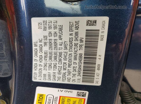 2HKRS4H41SH459849 2025 HONDA CR-V Синий Вид наклейки с VIN-кодом