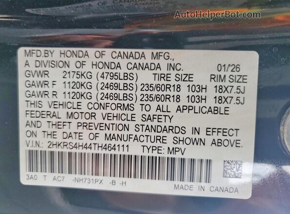2HKRS4H44TH464111 2026 HONDA CR-V Black VIN კოდის სტიკერის ხედი