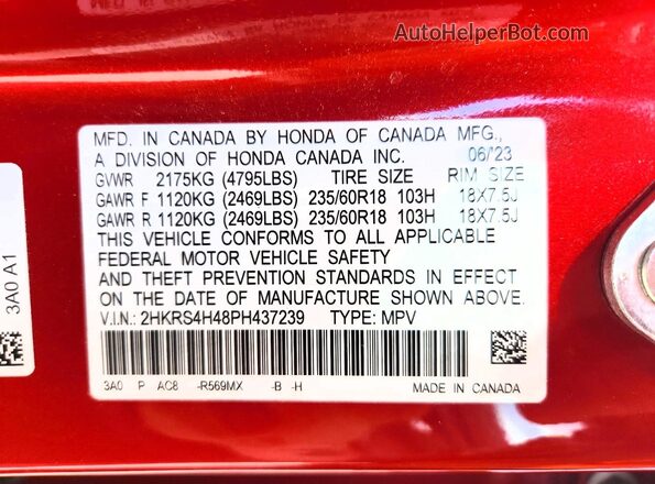 2HKRS4H48PH437239 2023 HONDA CR-V Red VIN კოდის სტიკერის ხედი