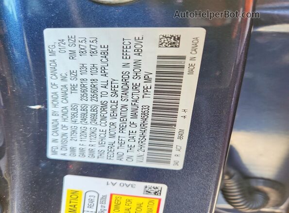 2HKRS4H4XRH458533 2024 HONDA CR-V Blue Widok naklejki z numerem VIN