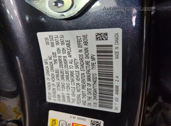 2HKRS4H71TH403213 2026 HONDA CR-V Gray VIN კოდის სტიკერის ხედი