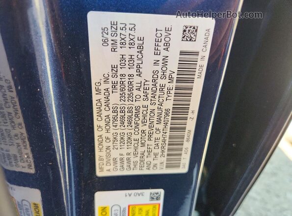 2HKRS4H74TH407966 2026 HONDA CR-V Blue Вид наклейки з VIN-кодом