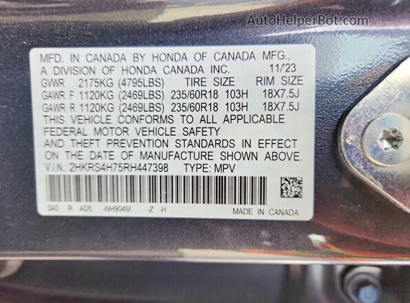 2HKRS4H75RH447398 2024 HONDA CR-V Charcoal Vista interior de 360 grados