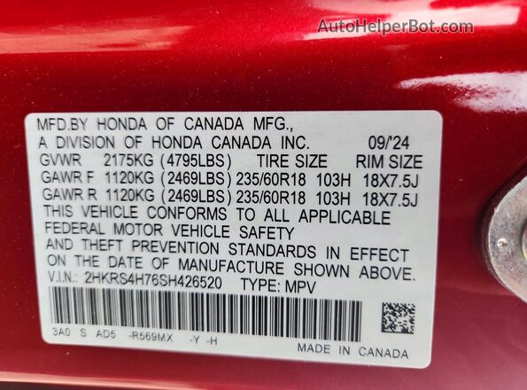 2HKRS4H76SH426520 2025 HONDA CR-V Red VIN კოდის სტიკერის ხედი