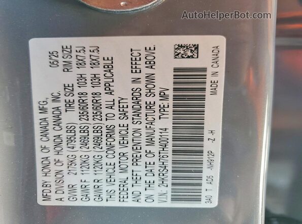 2HKRS4H76TH400114 2026 HONDA CR-V Gray Vista de la etiqueta del VIN