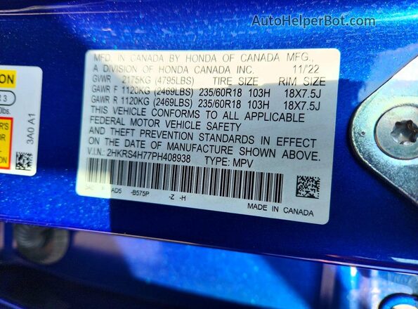 2HKRS4H77PH408938 2023 HONDA CR-V Blue Widok naklejki z numerem VIN