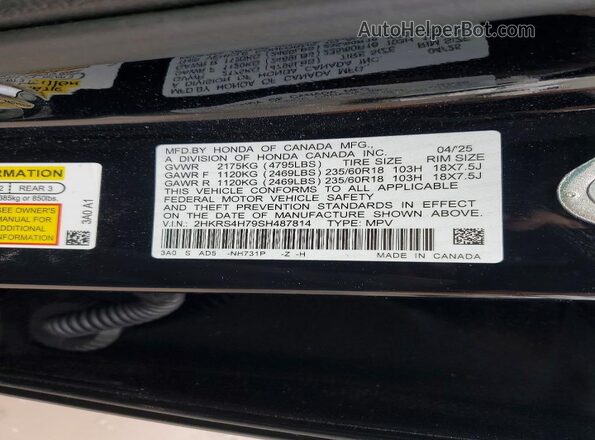 2HKRS4H79SH487814 2025 HONDA CR-V Black VIN კოდის სტიკერის ხედი
